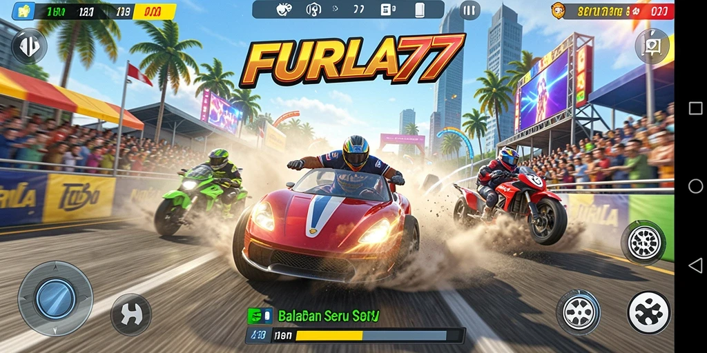 Screenshot menampilkan gameplay seru FURLA77 di trek balap.