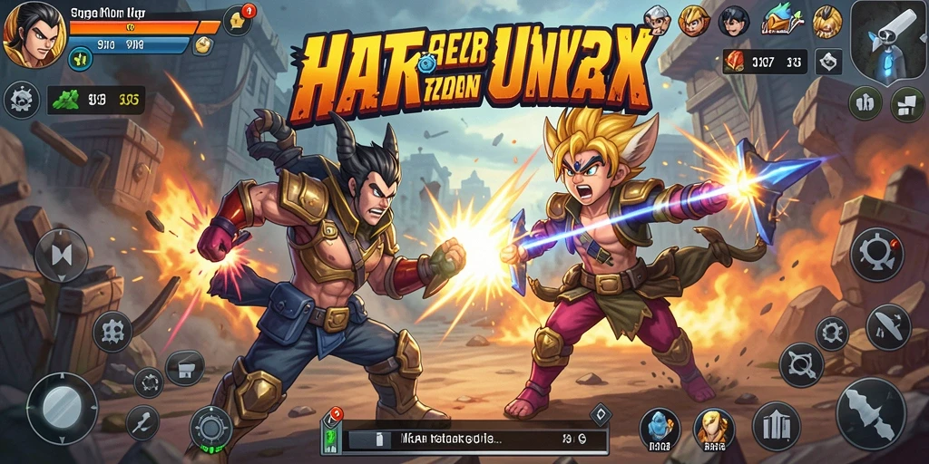 Tampilan gameplay menegangkan dengan karakter beraksi di arena pertarungan.